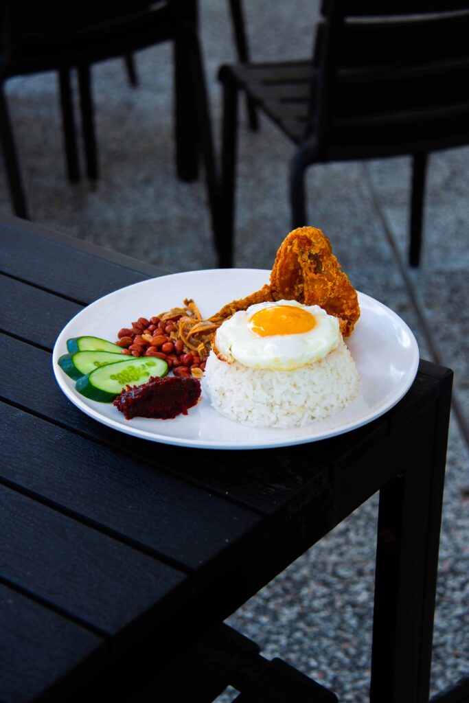 Nasi Lemak with egg, sambal, ikan billis, fried chicken and cucumbers at Toast and co