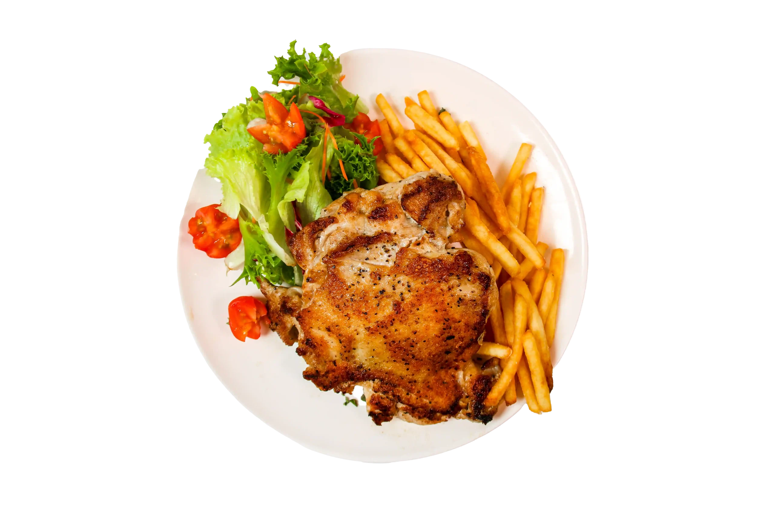 Chicken chop with fries, tomatoes and salads