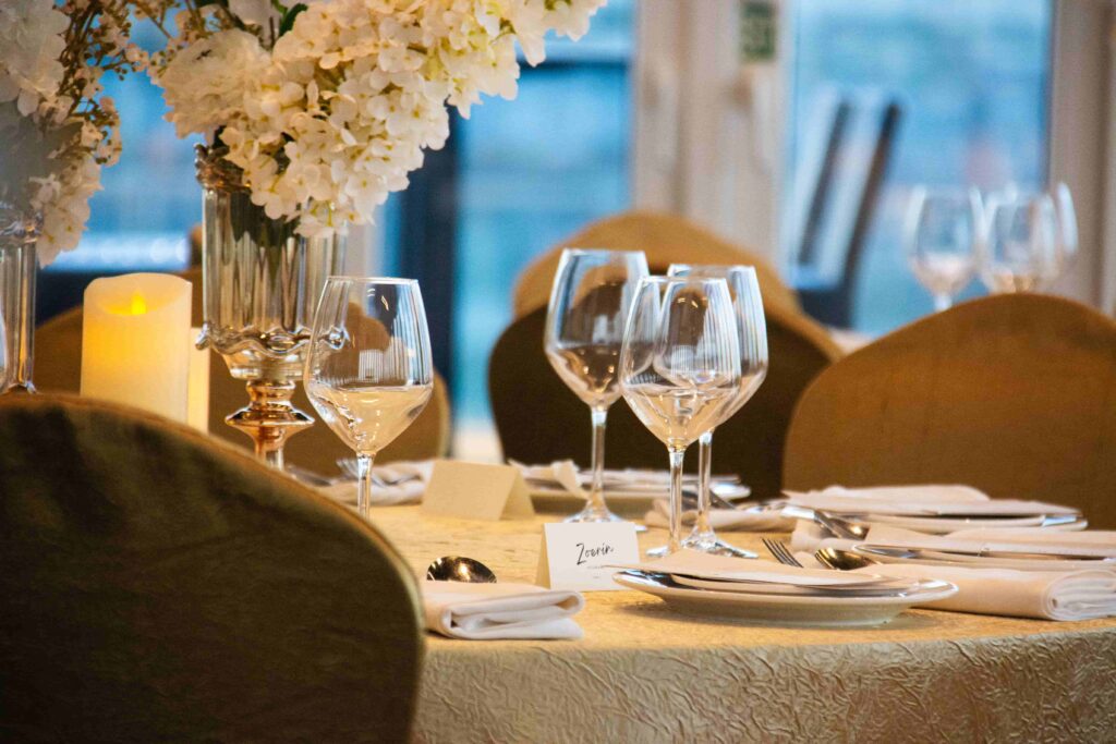 Wedding tables with glasses at Aqueen Paya Lebar